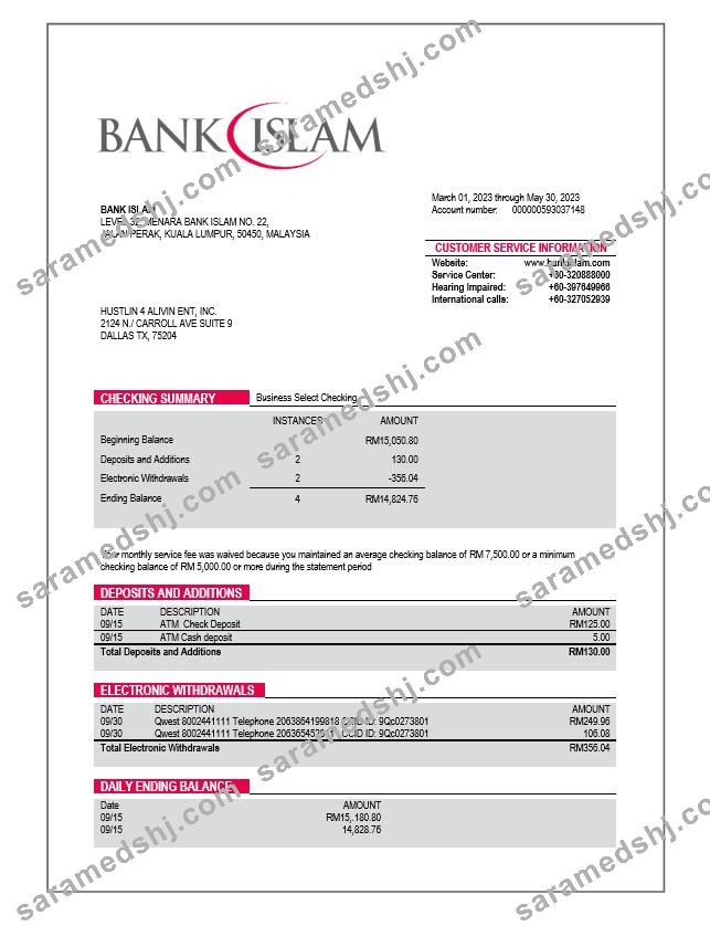 Bank Islam company account statement Word and PDF template